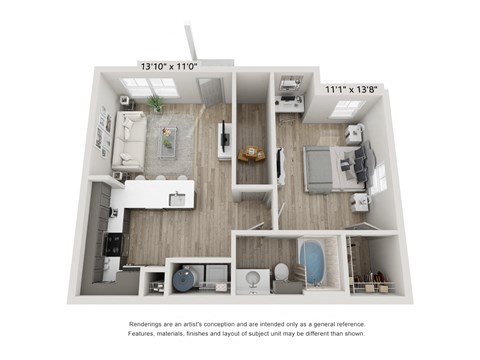 Floor plan for 1 bed, 1 bath, 665 sqft